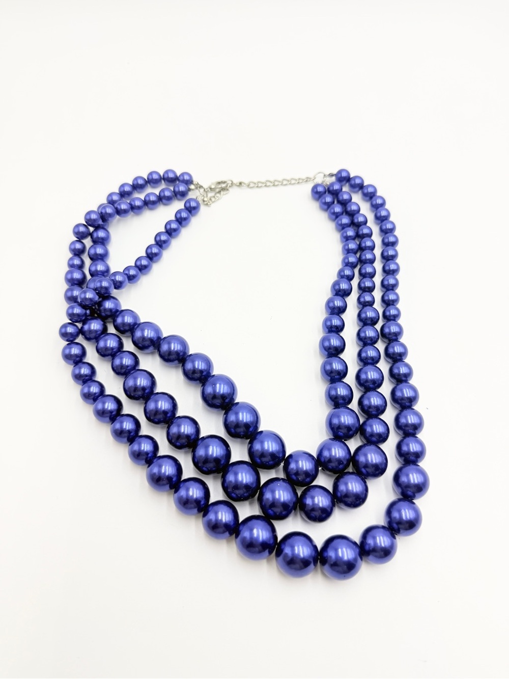 Vintage Triple Strand Blue Faux Pearl Necklace Statement Beaded